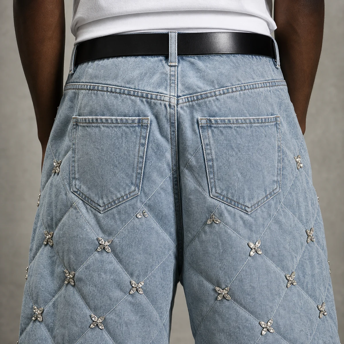 Wholesale Light Blue Cotton Padded Double Layer Quilted Rhinestone Warm Baggy Wide Leg High Waist Y2K Winter Men Denim Jeans gallery 4