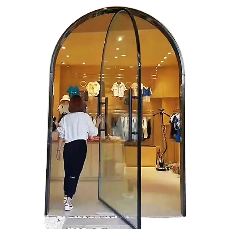 Commercial Pivot Arch Glass Door Custom Made Shop Front Stained Tempered Glass Door Storefront Glass Doors Classic Rounded Top