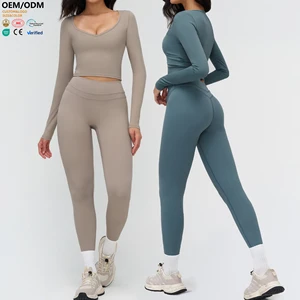 XW-TZ3109-4 Custom v Neck Long Sleeve Top Slimming Legging Solid Breathable Fitness Gym Clothing Women 2 Piece Yoga Wear Set