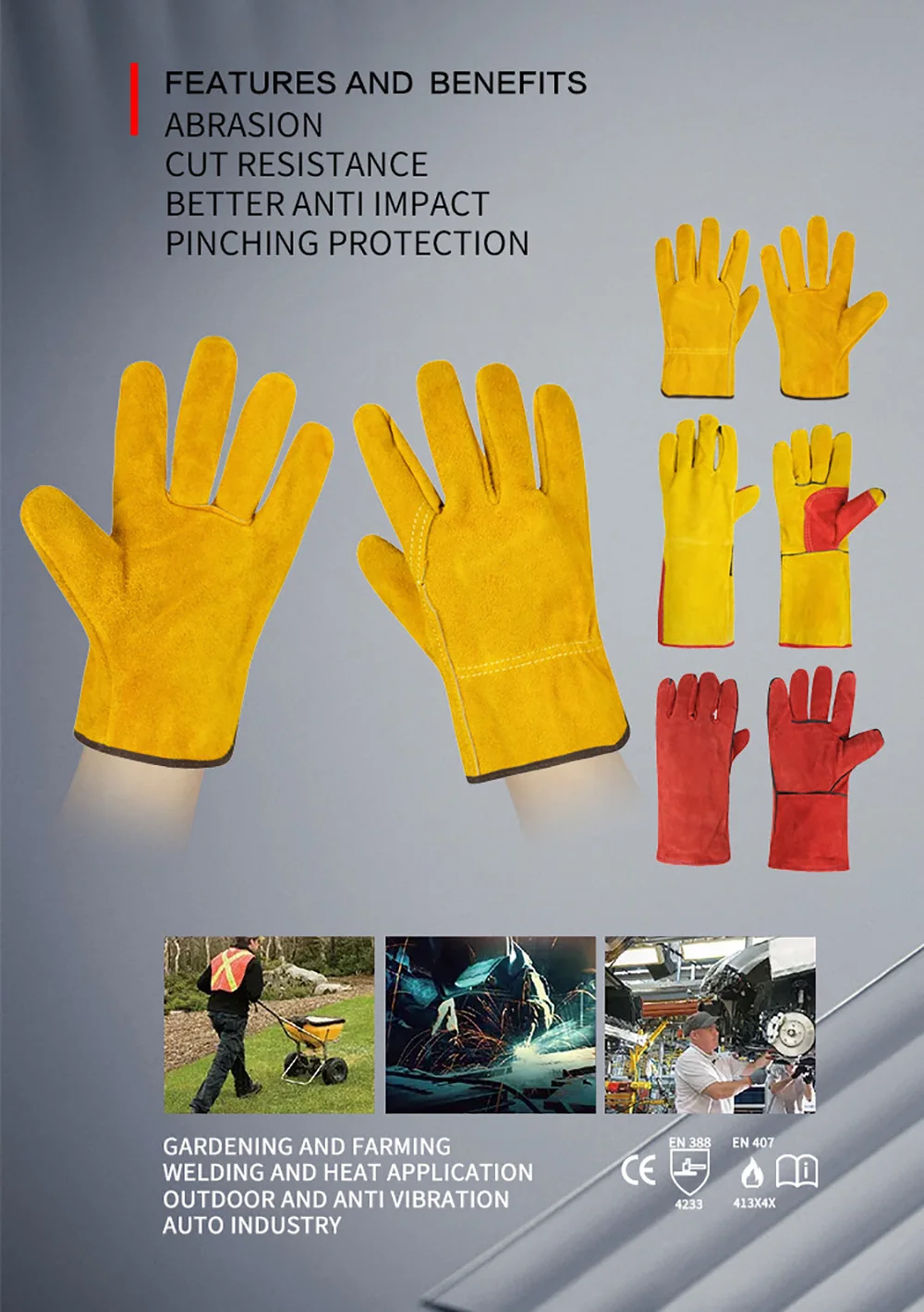 Cowhide Welding Gloves Reinforced With Fireresistant Welding