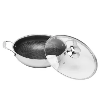 Ceramic Non-Stick Coating Cooking Pan 13 Inch Induction TriPly Stainless Steel 304 Double Ear Wok Pan with Lid