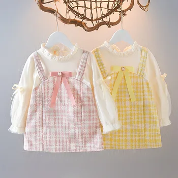 Spring Latest Design Pretty 6M To 2Y Plaid Girl Kids Long Sleeve Baby Bows Boutique Skirts 2 Year Old Girl Dresses