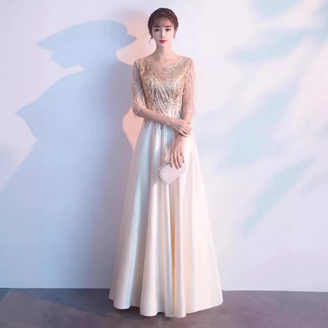 S2665R 2026 New High-end champagne Color Elegant Banquet Host Mid-sleeve  Temperament New Design Long Wedding Evening Dress| Alibaba.com