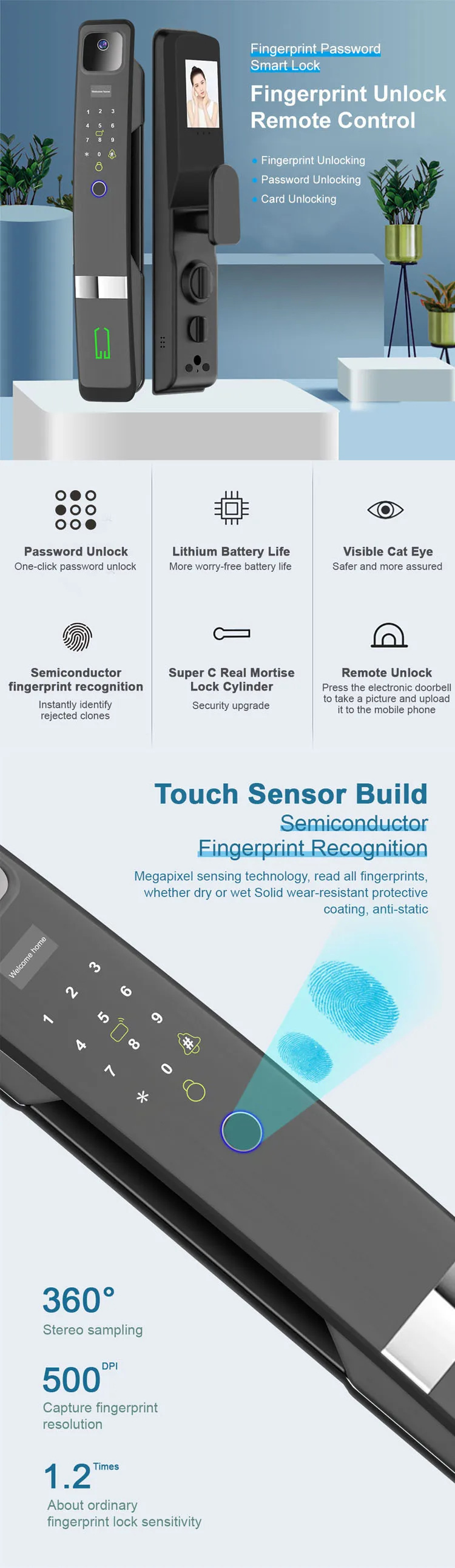 Tuya WiFi Remote Control Electronic 3D Face Recognition Smart Door Lock with Camera Screen Fingerprint and Peephole