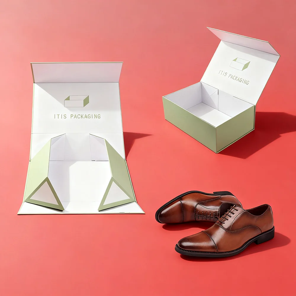Luxury Shoe Packaging Box | Custom Grey Board Magnetic Foldable Case | Premium Gift Box with Protective Structure