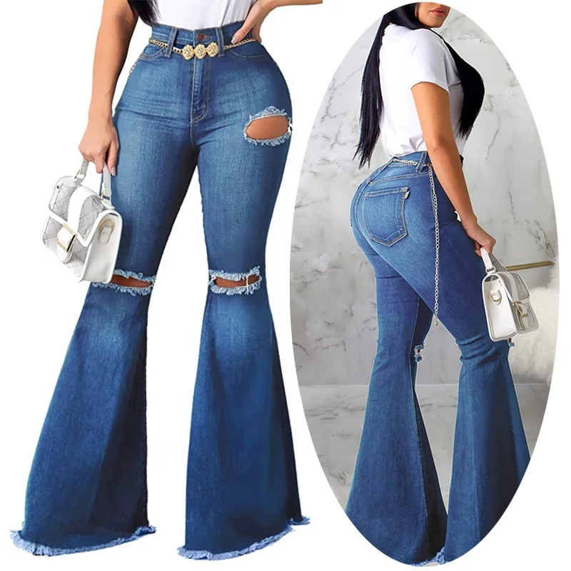 Pin On Jeans | Womens High Waist Slit Ripped Denim Jeans Long Pants ...