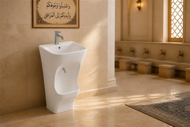 Tall pedestal-style white ceramic hand and foot wudu basin standing on the floor in a mosque washroom