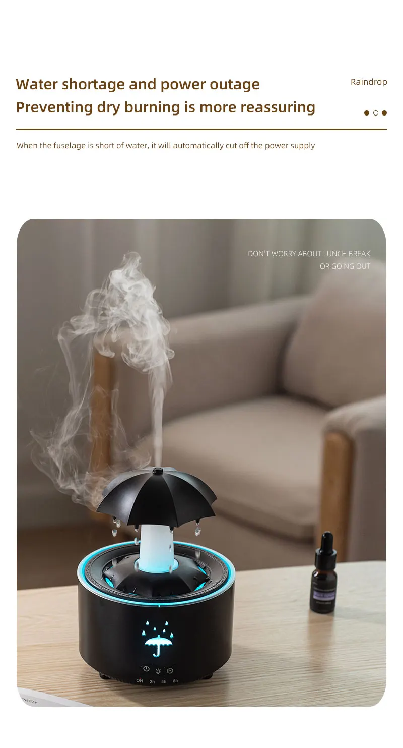 Seven Color Lighting Rotating Aroma Diffuser Essential Oil Aromatherapy Raindrop Air Humidifier with Umbrella for Household