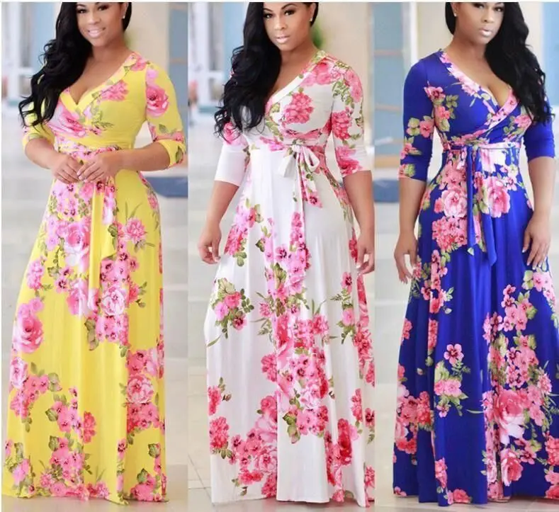 Plus Size Women Clothing Floral Print Long Sleeve Maxi African Split ...
