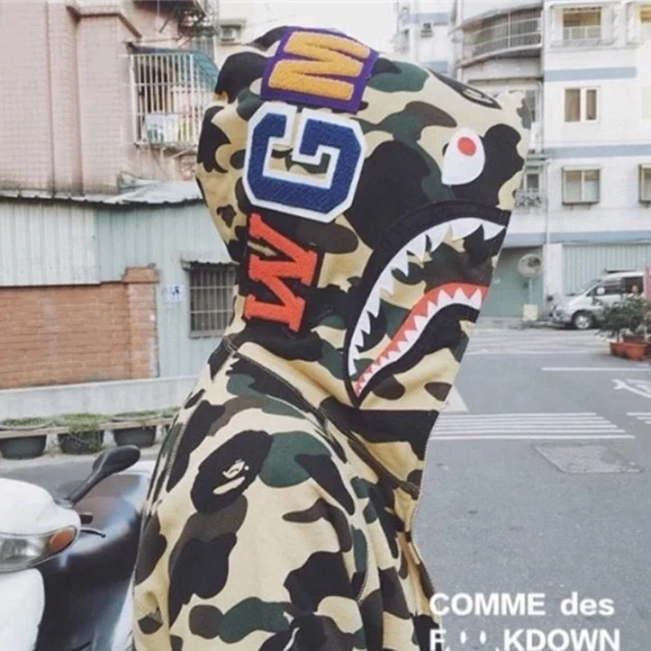 Japanese Fashion Shark Camouflage Ape-man Head Flocking Letter Zipper ...