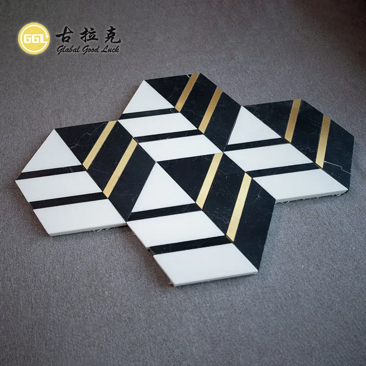 Marble Mix Brass Mosaic Tile for Villa Hotel Project Wall Decoration Black White Hexagon Tile With Metal manufacture