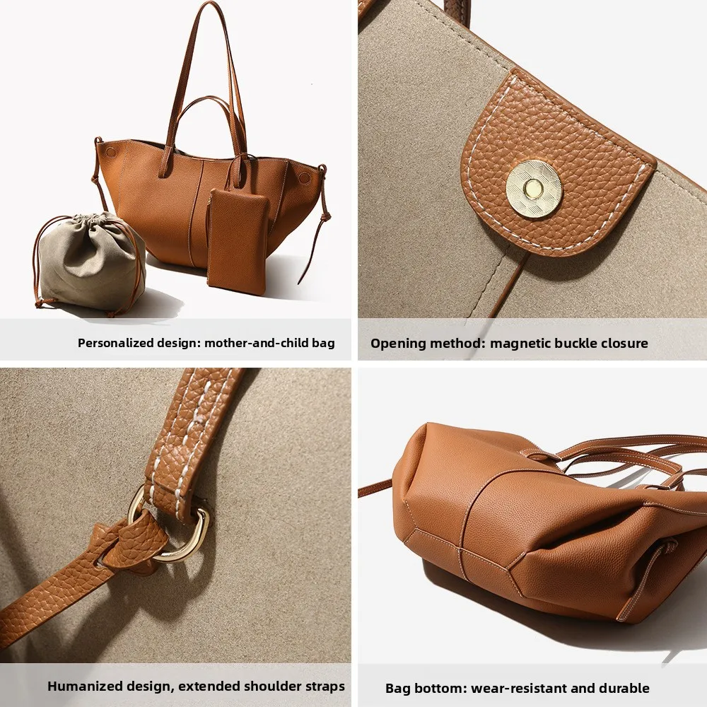 Hot Selling Cowhide Handbag Genuine Leather Women’s High-end Light Luxury Tote Shoulder Bag Large Capacity Magnetic Clasp Cotton