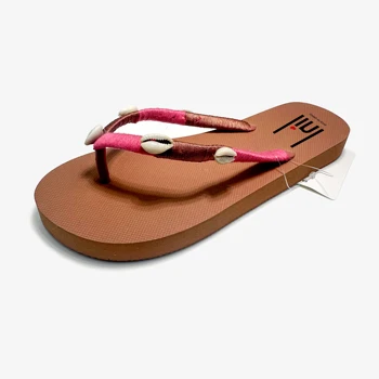 women flip flop thong sandal with handmade hand-stiched seashell flip flop with decorated upper brown color