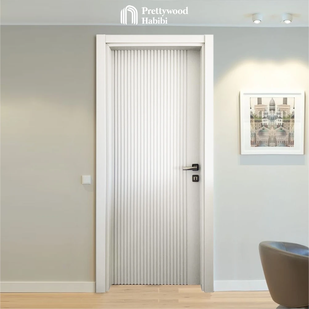 Prettywood Residential Modern vertical Slats Design MDF Grey Painting Solid Wooden Bedroom Interior Door For Houses factory