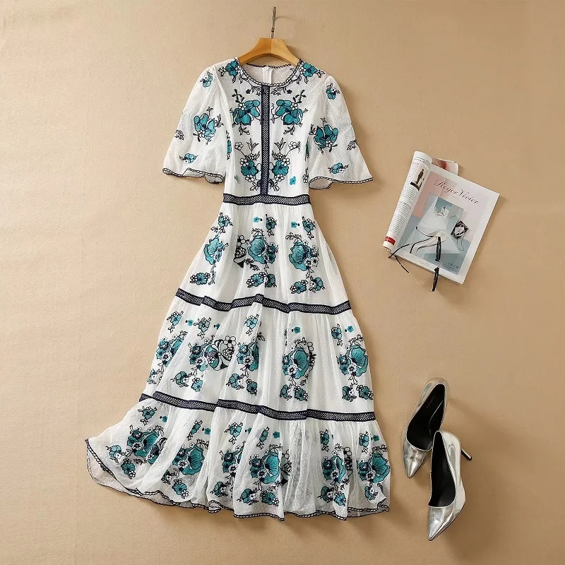 XXL Women's Dress 2022 Summer Party Events Women Allover Exquisite Embroidery Flare Sleeve Mid-Calf Length Tulle Mesh Dress1212130