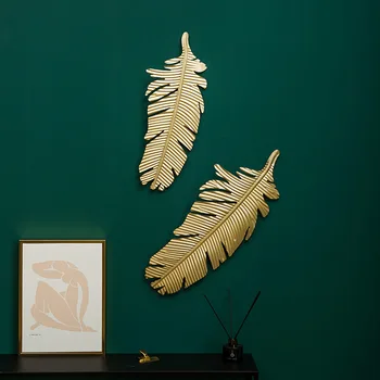 Modern Luxury Wrought Iron Large Art and Craft 3D Wall Metal Feather Shape Banana Leaf Mural Hanging Home Decoration