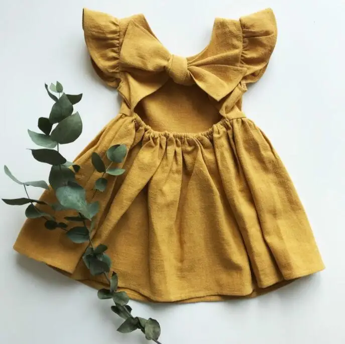 Mustard Big bow flutter sleeve girs dress sizes newborn-24m 