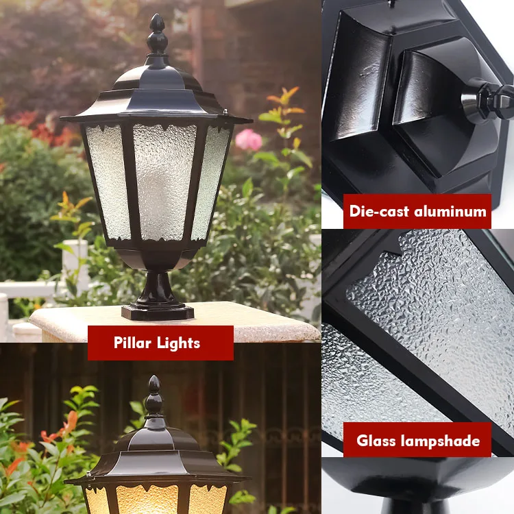 Lampada Da Esterno Per Palo - Luci Da Giardino Vintage In Bronzo | Vetro Nero | Impermeabile IP54 | Alimentazione Cablata