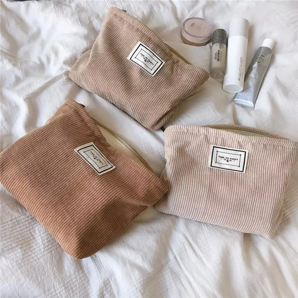 BSCI Factory Custom Cream Small Skincare Cosmetic Organizers Zipper Corduroy Makeup Bag Personalized
