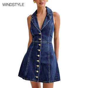 French Temperament Slim Midi Length Dress for Children Casual Floral Woven Breathable Neck Strap Hanging Summer Tea Break Denim