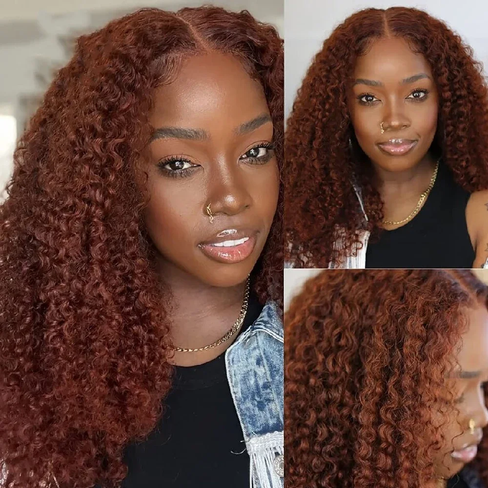 Rötlich braune Jerry Curly Lace Front Perücke Remy Echthaar 13x6 Kinky Curly Glueless Transparent Frontal Perücke_voghion.com