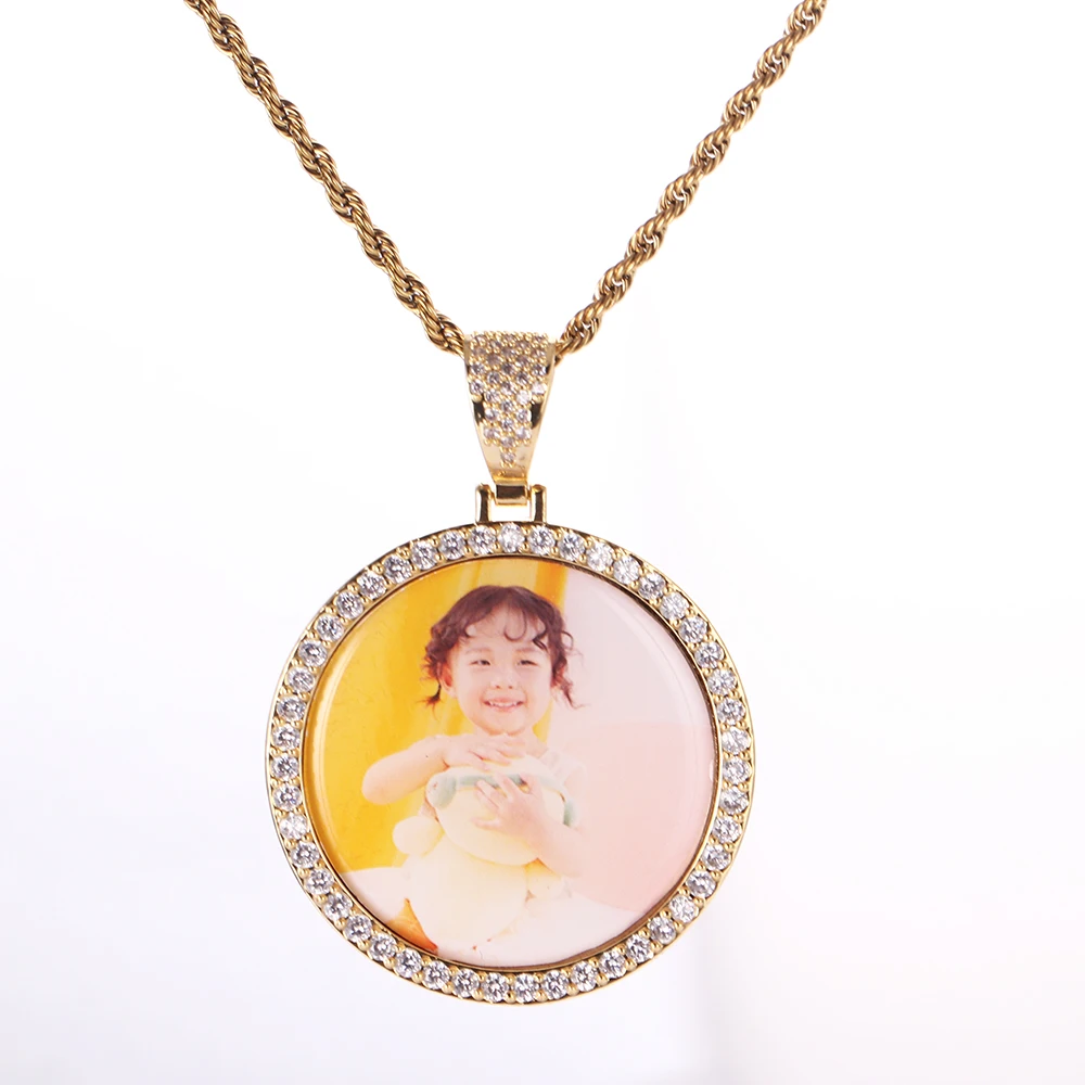 Meaningful Custom Made Photo Round Medallions Cubic Zircon  Stones Pendant Necklace Hip Hop Jewelry for Men Women