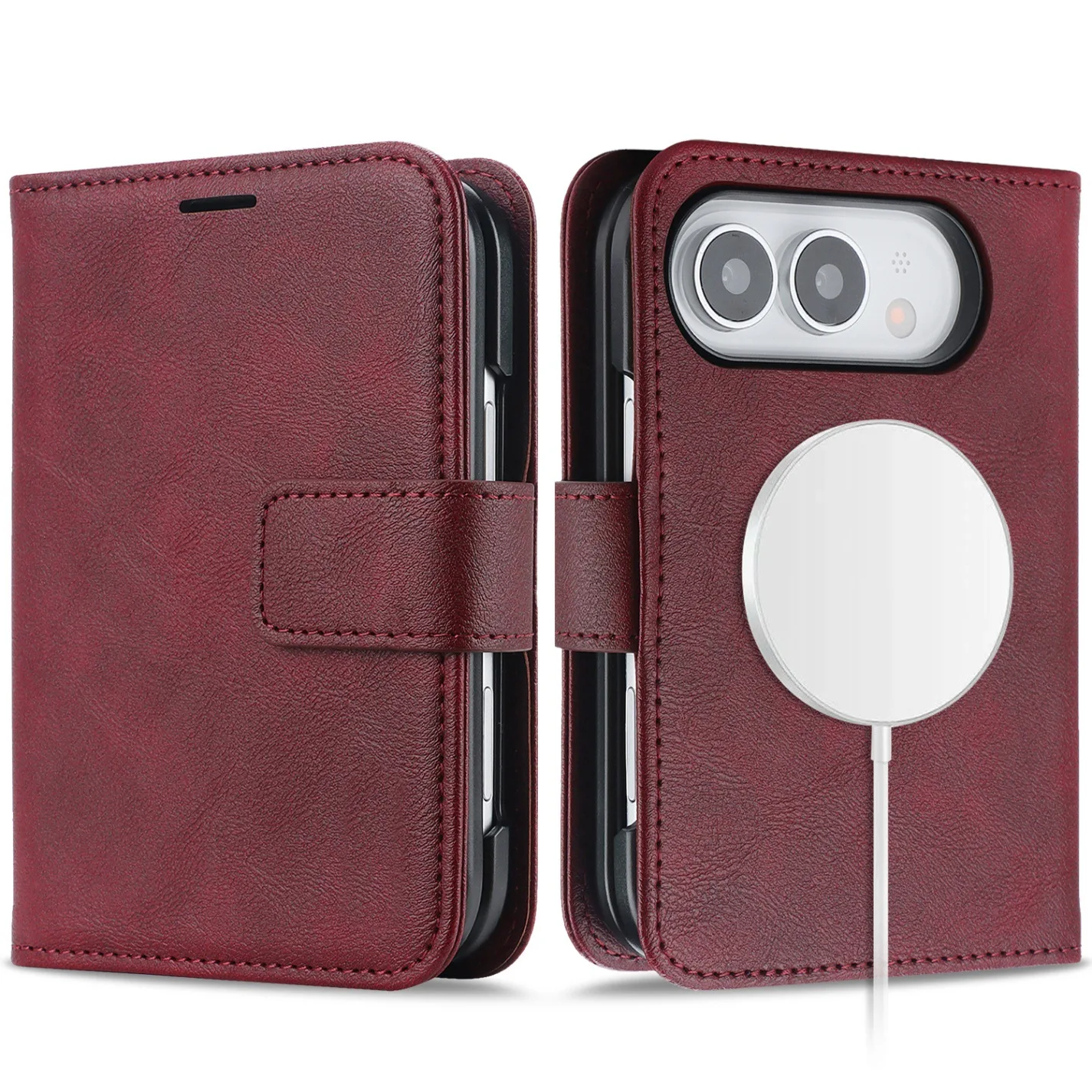 Magnetic Wallet Phone Case for iPhone Duo Compatible with Wireless Charging Shockproof PU Leather Flip Cover, Air-Cushion Corner