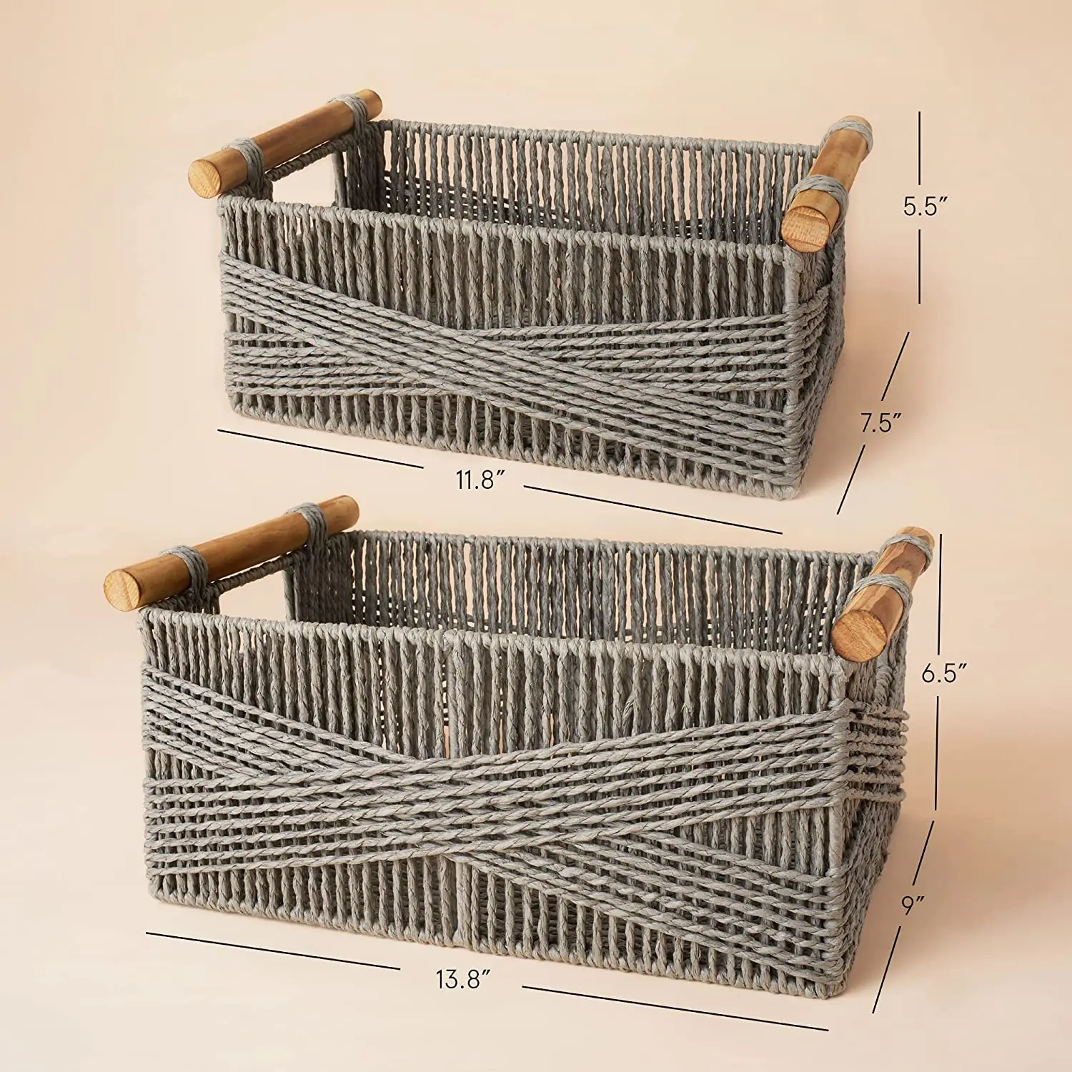 Wicker Storage Baskets for Organizing, Recyclable Paper Rope Basket with Wood Handles, Decorative Hand Woven Basket Organizers
