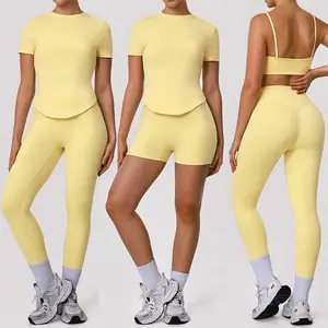 Custom Women 4 Piece Sets Gym Yoga Clothing Sport Wear Fitness Workout Sportwear Naked Feeling Leggings Sets