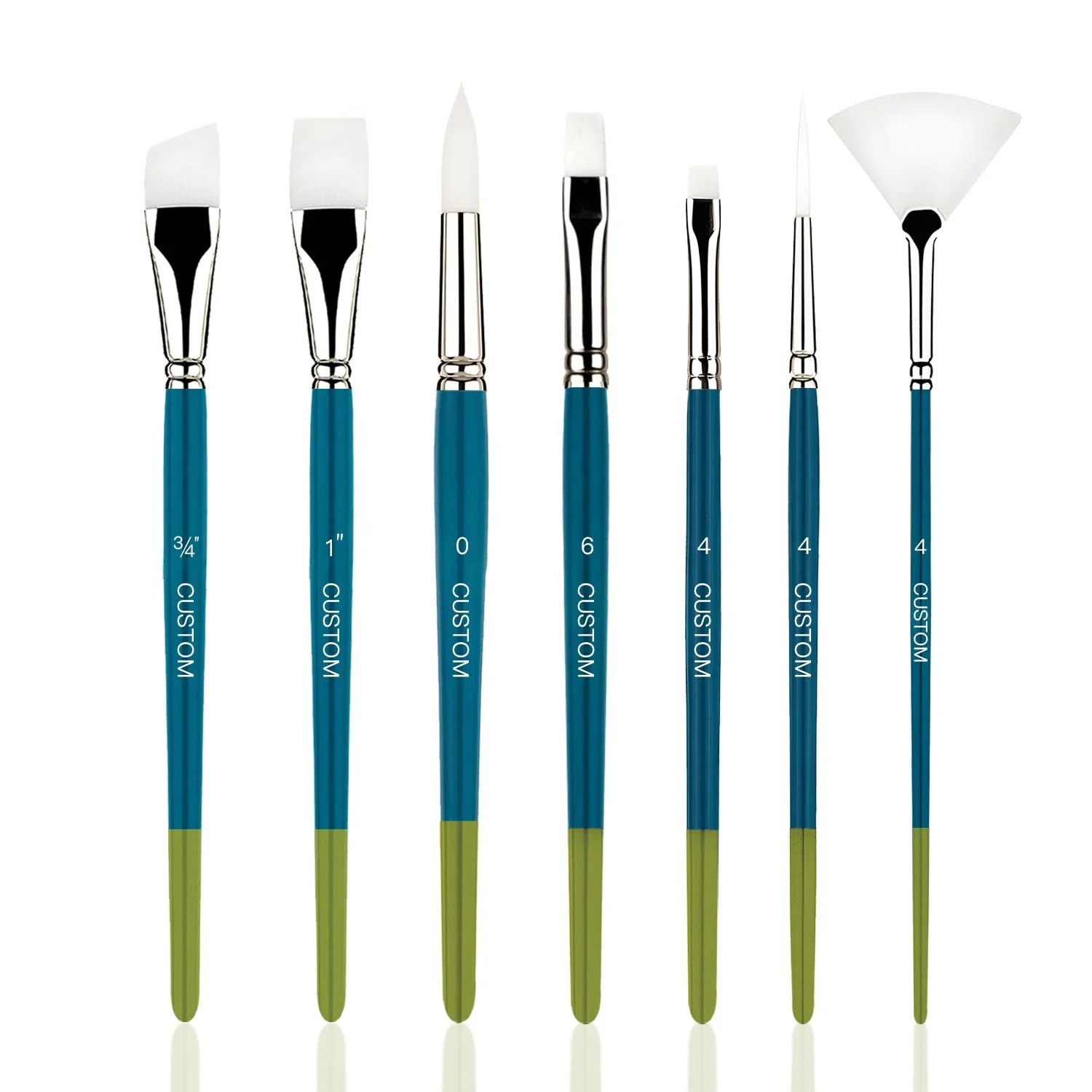 Quality 7PCS White Nylon Hair Two Color Wood Handle Fan Round Flat Angular Liner Shape Design Acrylic Paint Brush Sets