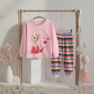 Casual Korean Cartoon Print Breathable Long Sleeve Cotton Pajamas Set for Girls Underwear Trousers for Kids