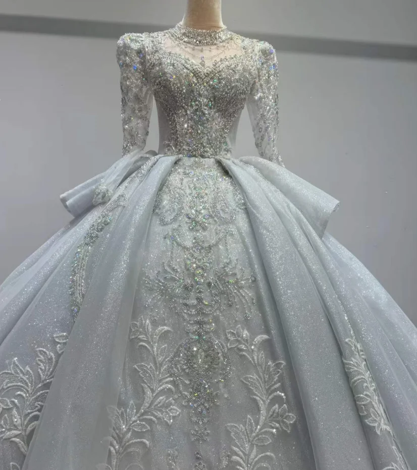 blue grey wedding dress S0492y 2026 Hot-selling High-neck Long-sleeved Princess-style Heavy-duty Court Style Blue-grey Tulle grey wedding dress