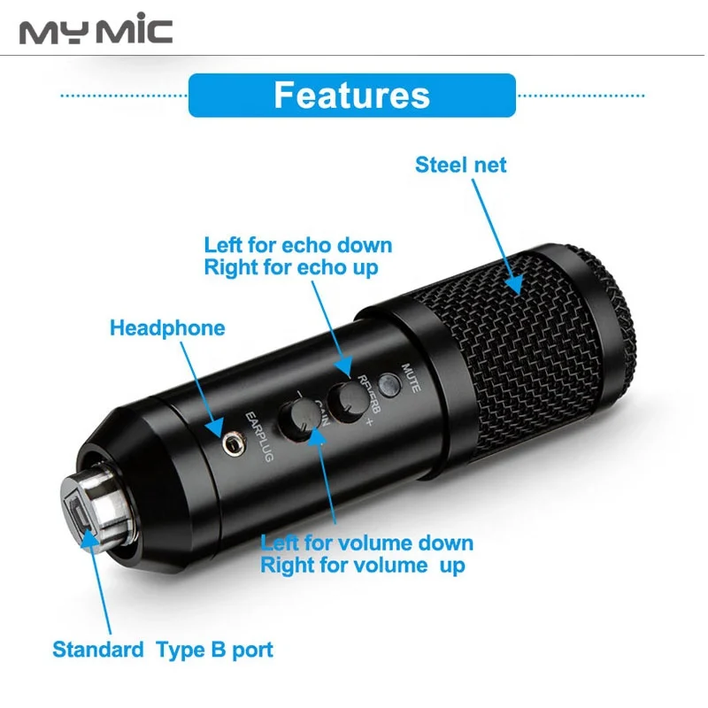 Профессиональный конденсаторный USB-микрофон MY MIC NX4, Студийный микрофон для записи с эхо-монитором для подкастов, компьютерных игр