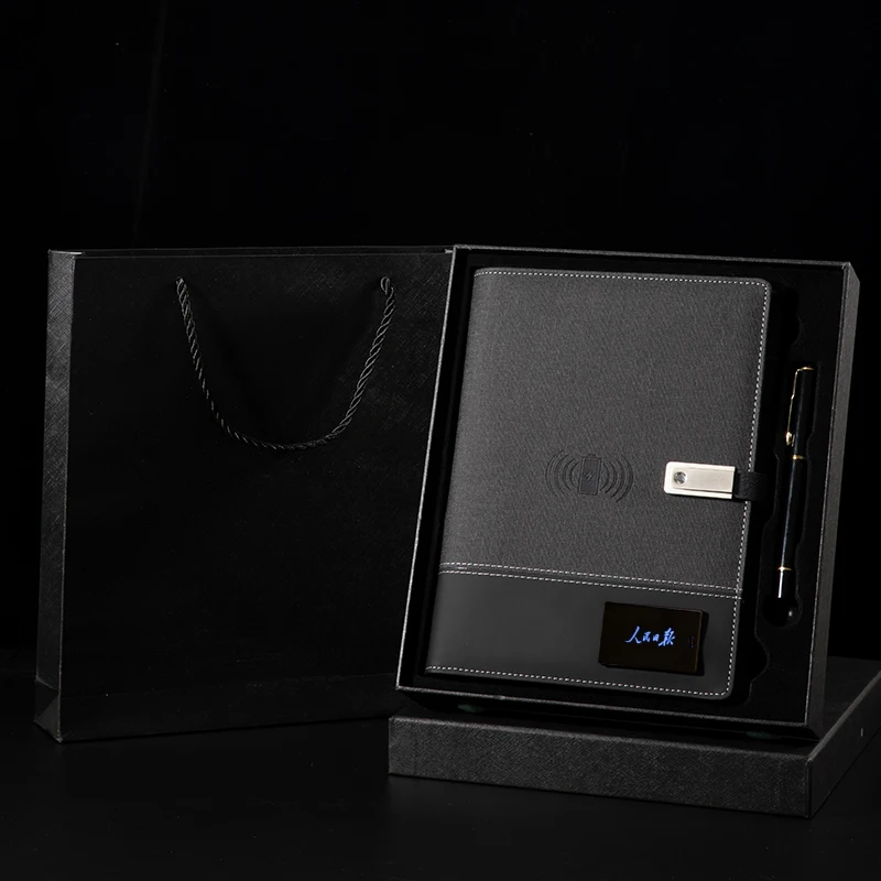 Professional Customized Notebook Organizer With LED Light Logo 8000 Power Bank and Wireless Charger Agenda Portfolio USB Flash