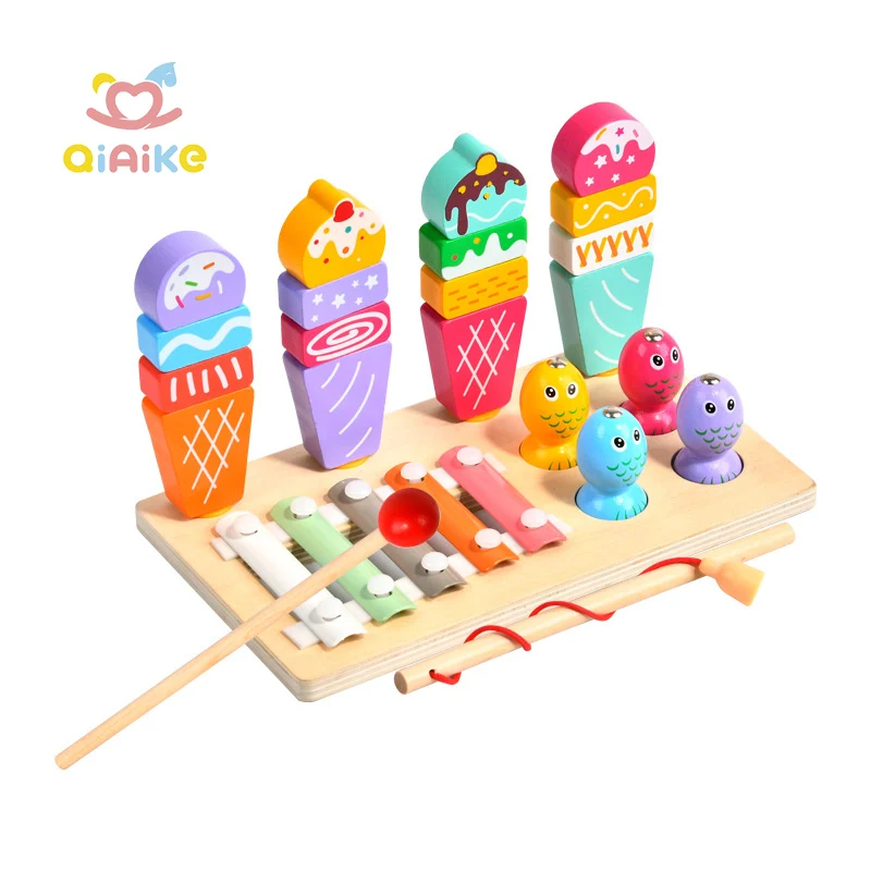 다기능 3-in-1 어린이 낚시 게임 아이스크림 기둥 몬테소리 악기 나무 실로폰 재미 교육 완구
