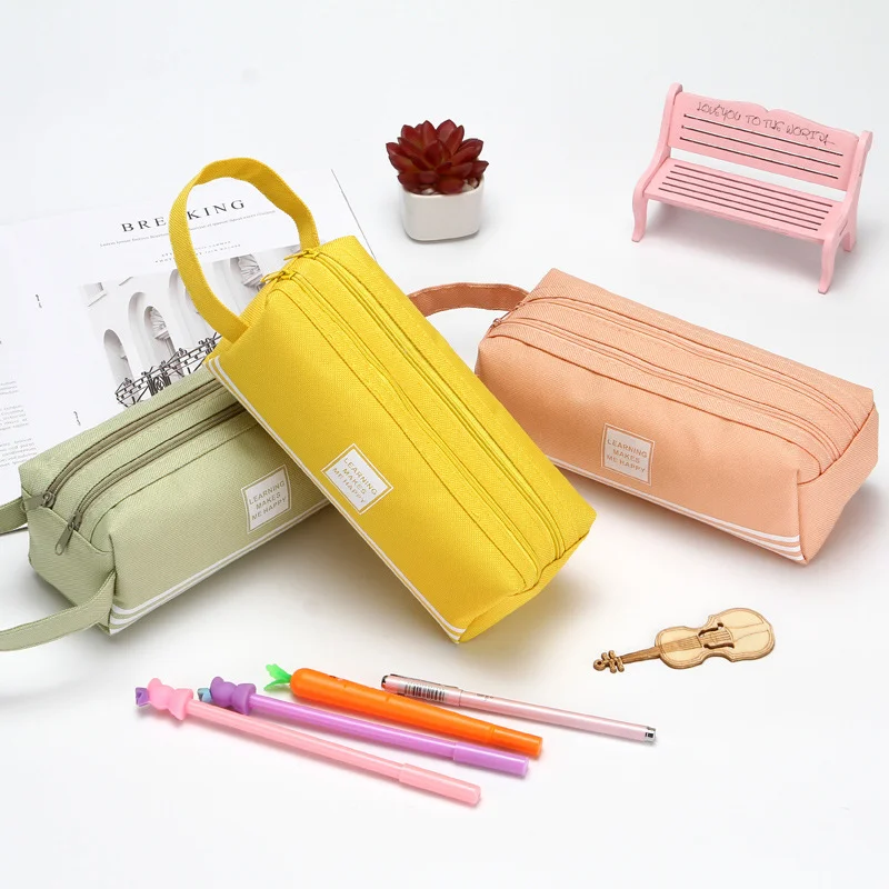 thumbnail image 2 of Hillento Large Capacity Canvas Pencil Case - Simple Zipper Stationery Holder In Yellow 2 of 12