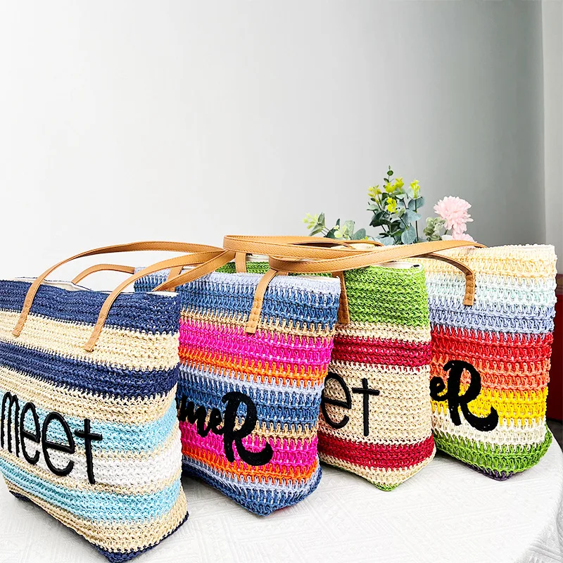 Shopping Bag Colorful Striped Large Capacity Meet Summer Straw Holiday Beach S, Wholesale & OEM/ODM Welcome