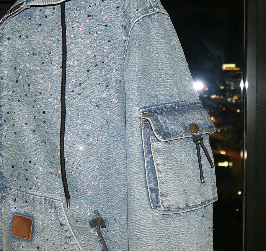 Custom High Quality Rhinestone Jacket Man Crystal Streetwear Oversized Baggy Applique Patch Men Zip up Denim Hoodie supplier