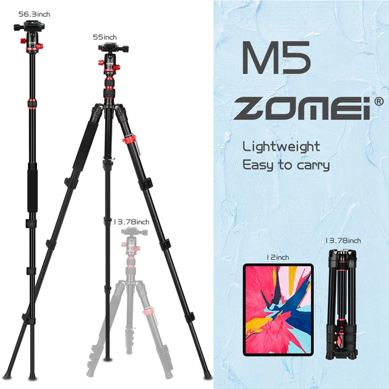 ZOMEI M5 Professional Aluminium Tripod Multifunction Horizontal Center Column Camera Tripod with Tripod Ball Head for DSLR