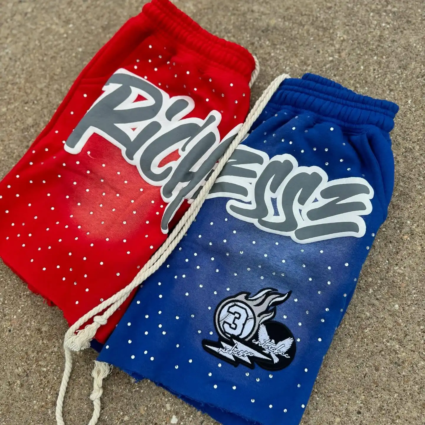 Custom Distressed Acid Wash Shorts Rhinestones Raw Cut Jogger Sweat Shorts Cotton French Terry Oversized Sun Faded Short for Men gallery 2