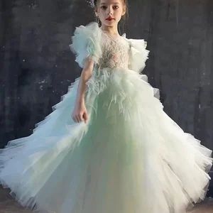 Mint Green Embroidery Pearl Tulle Girls' Princess Dress Ruffles Solid Pleat Decoration Floor-Length Girls Evening Dresses