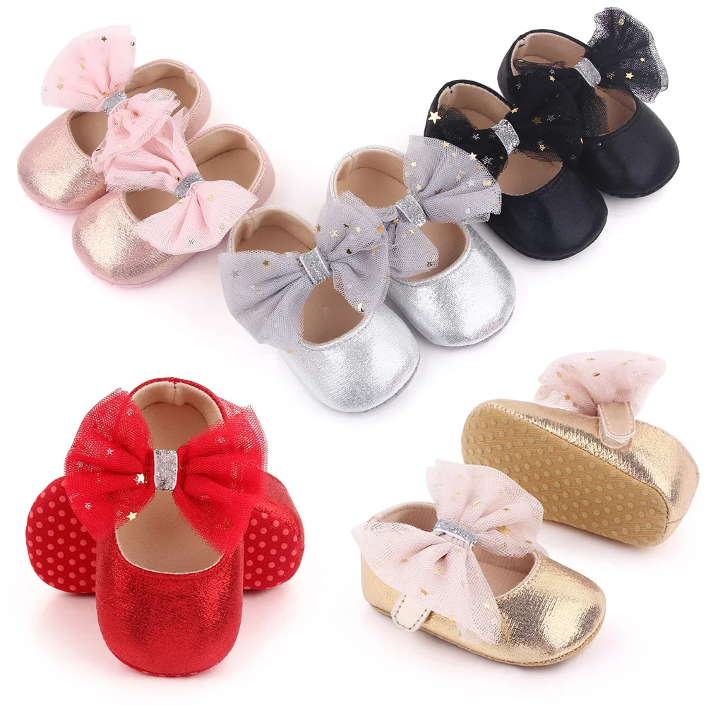 Mesh Big Bow Star Embellished Solid Color Sparkly Bright Baby Girls Princess Walking Shoes details