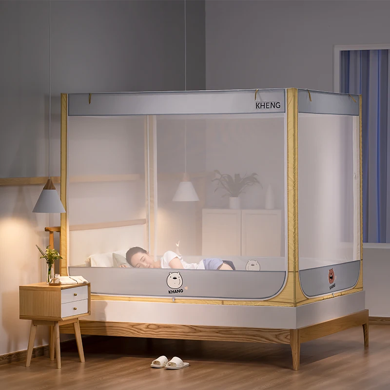 Kheng Elegant Dual-Color Anti-Fall Mosquito Net with Zipper Door Protective Bed Canopy for Bedrooms