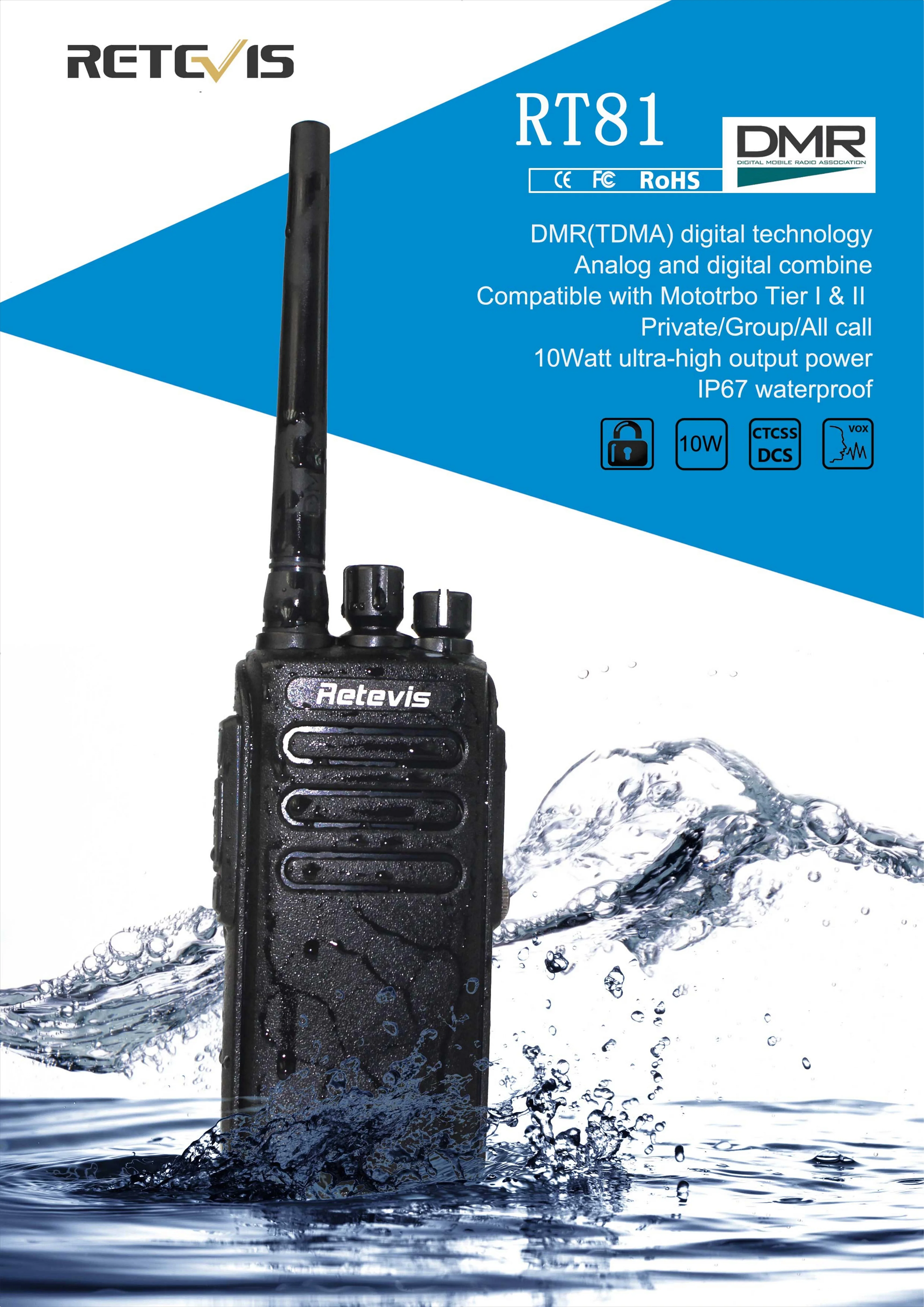 Wholesale 2PACK Retevis RT81 DMR IP67 Waterproof 10W Walkie Talkie UHF 32CH  Encryption Digital/Analog FM Two Way Radio+Programming Cable From 