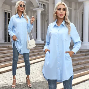 Women's Solid Color Casual Long-Sleeved Shirt Turndown Collar Loose Pocket Top