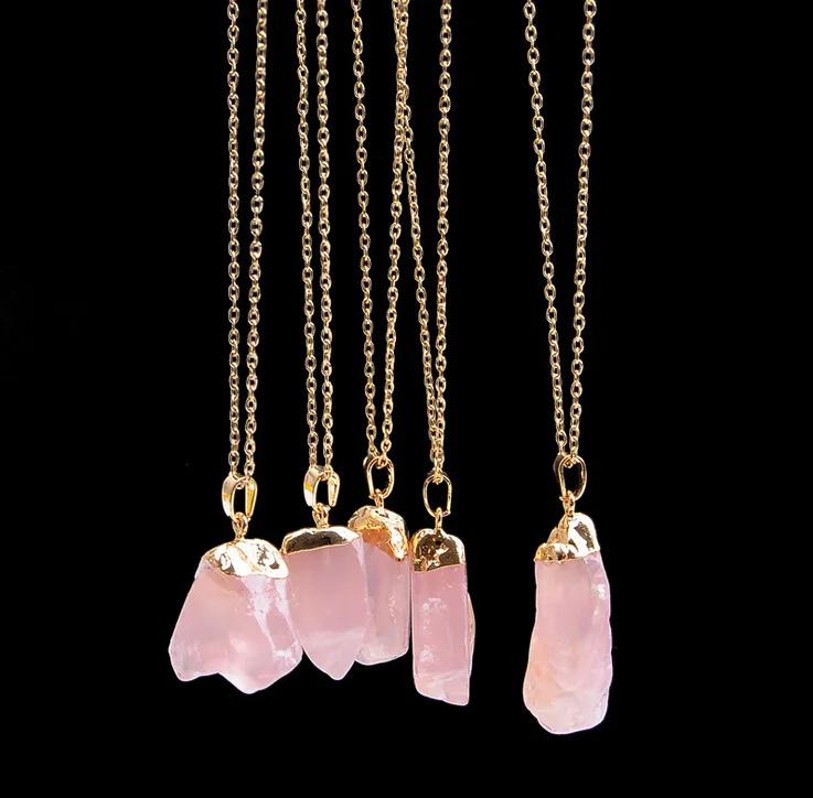 Multi Color Natural Stone Crystal Plain Stone Pendant with Gold Alloy Chain for Sweater Gemstone Raw Rocks Necklace