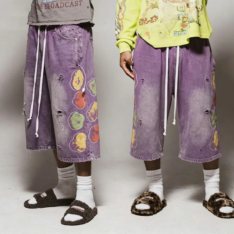 Custom LOGO Acid Washed 100%Cotton 3/4 Extend Long Shorts Running Vintage Distressed Print Plus Size Baggy Sweat Shorts for Men