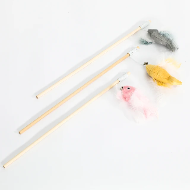 Wholesale high quality pet toy cat stick with feather interactive cat toy tease stick fish shape toy cat