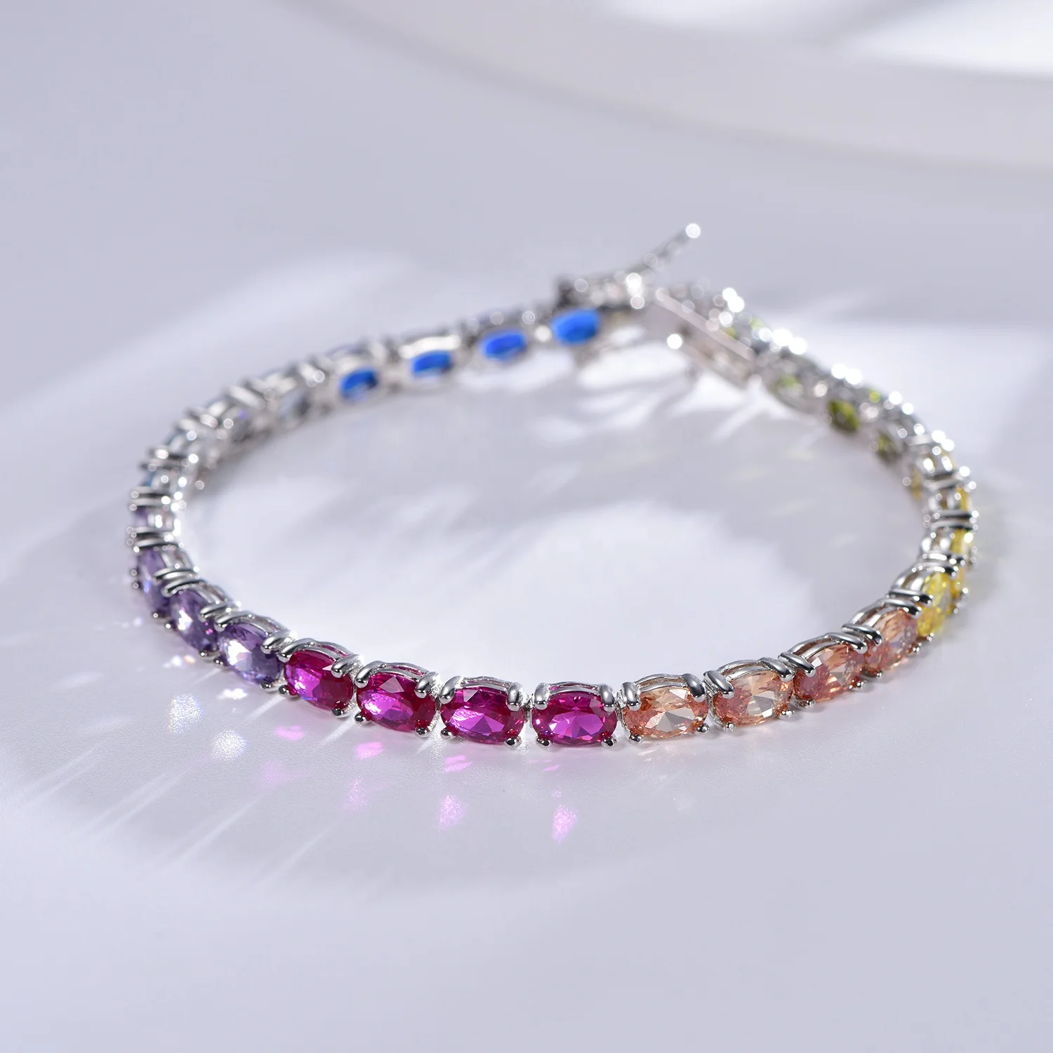 Oval Rainbow multi gems Tennis Bracelet for Women Men 925 Sterling Silver 5A CZ Crystal Diamond Bracelet