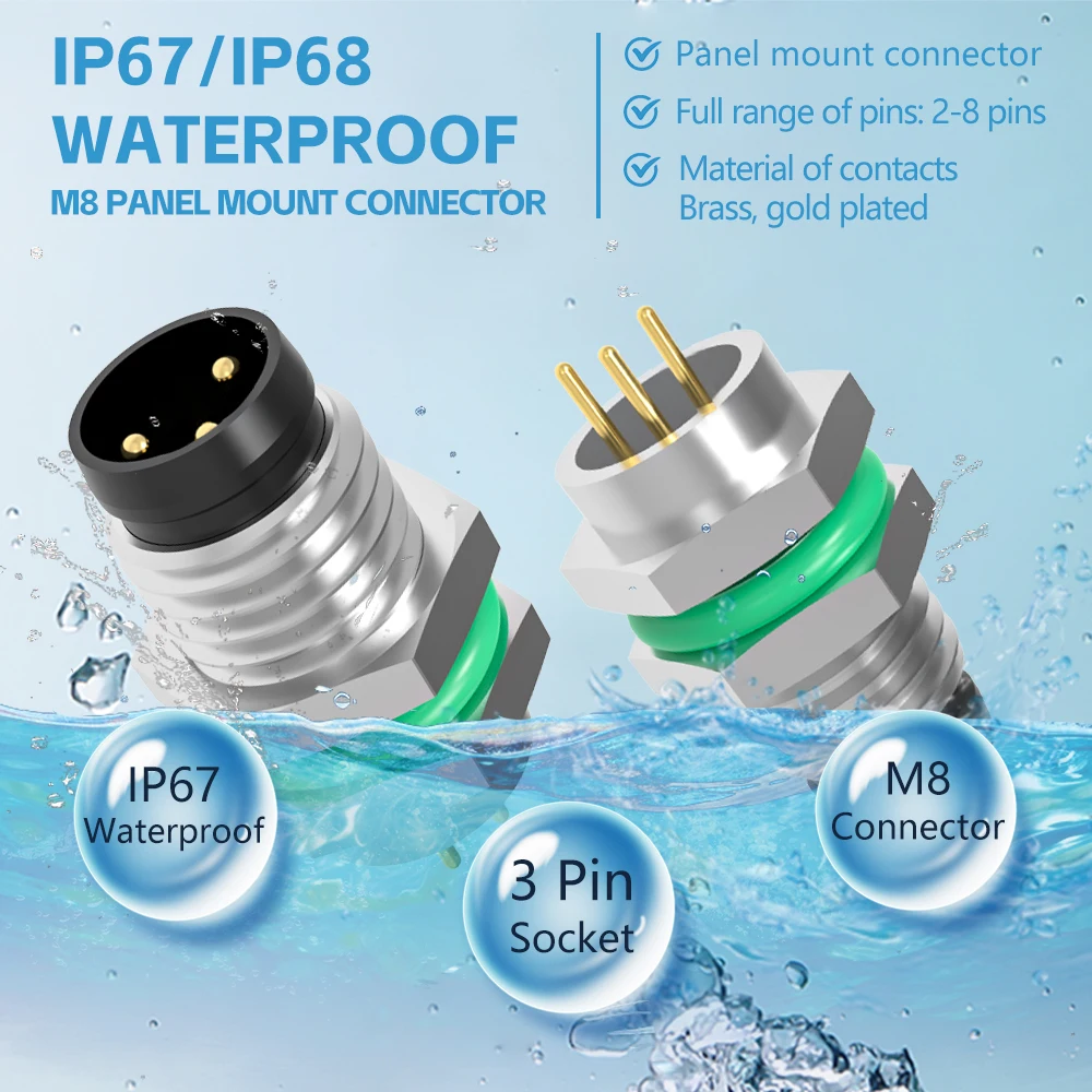 M8 Circular Panel Mount Receptacle Front Fastened PCB Type 3 Pin IP67/IP68 Waterproof Male Socket Brass Gold Plated Contacts